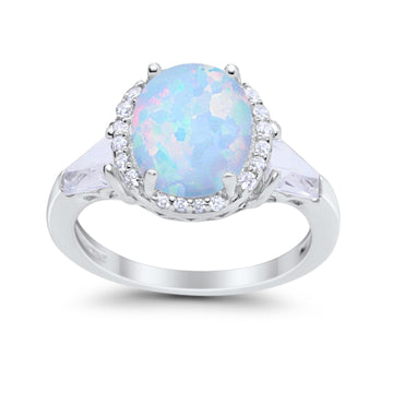 Oval Wedding Ring Round Baguette Lab Created White Opal 925 Sterling Silver